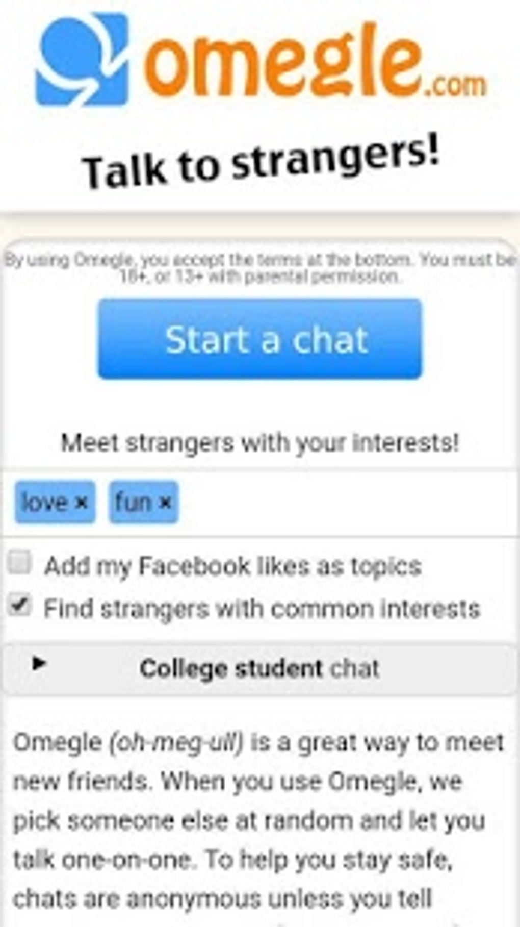 Android用のOmegle Chat APK 1.0をダウンロード