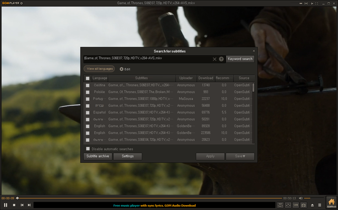 gom player korean language subtitle