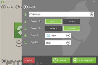 Окно Add file в Icecream Media Converter с выбором AUDIO, VIDEO, DEVICE, FORMAT, Format и Quality
