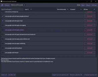 Universal Android Debloater GUI Screen Views 1