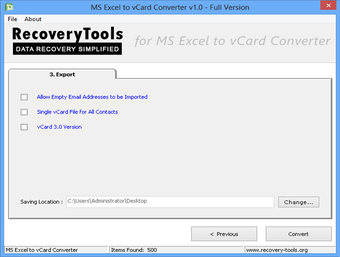 Download RecoveryTools Excel to vCard Converter for Windows